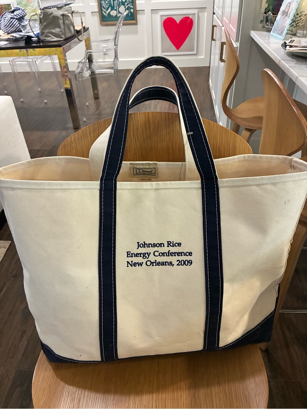 L.L. Bean Cream Canvas Tote with Navy Trim - Johnson Rice Conference Embroidered